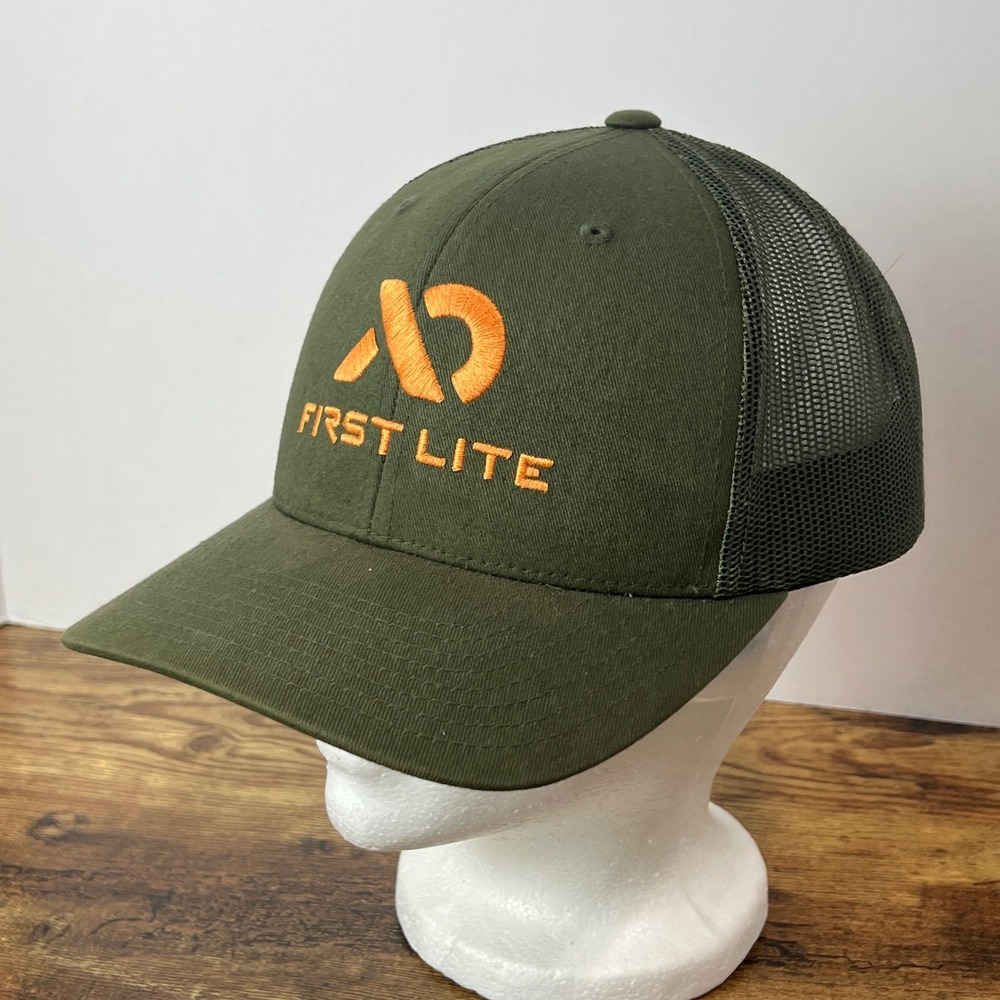 First Lite Mens Trucker Hat Olive Green Orange Logo Snapback Mesh Hunting Cap